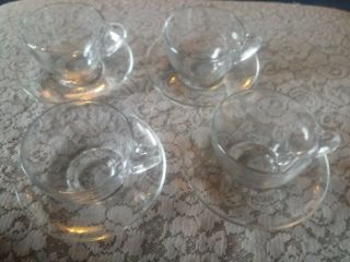 Set Of 4 Arcoroc France Clear Glass Cups And Saucers