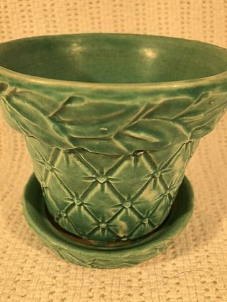 Vintage Mccoy Small Flower Pot Planter Aqua Blue Quilted Rose Pattern 3.  5in Vgc