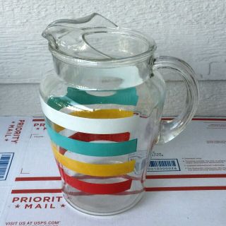 Vintage Anchor Hocking Fiesta Bands Rainbow Stripe Colors Ice Lip Glass Pitcher