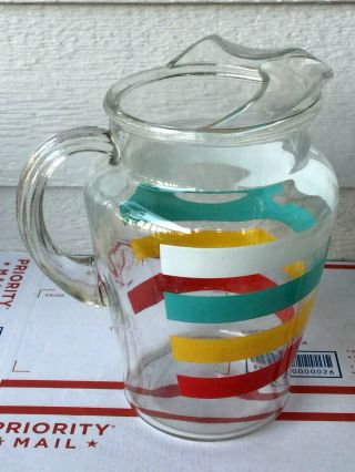 Vintage Anchor Hocking Fiesta Bands Rainbow Stripe Colors Ice Lip Glass Pitcher 4