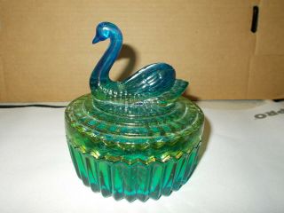 Jeannette Glass Green And Blue Swan Powder Jar