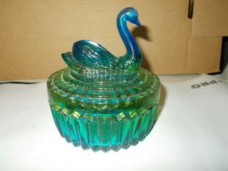 Jeannette Glass Green and Blue Swan Powder Jar 2