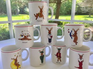 Set Of 8 Christmas Reindeer Mugs Abc Distributing Cupid Donner Vixen Blitzen