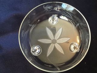 Delicate Crystal Footed Bowl Etched Flowers Silver Rim Scrolled Feet vintage 3
