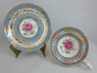 Royal Grafton England Cup & Saucer With Pink Rose,  Blue Bands,  Gold Overlay
