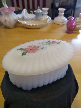 Fenton Trinket Box Hand Painted Pink Blue Flowers Oval Shaped Milk Glass Signed