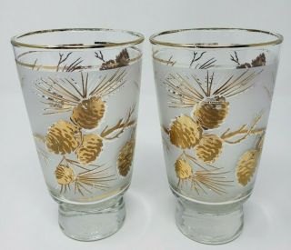 Vtg Libbey Glasses Frosted Gold Pine Cone 14 Oz Mid Century Modern Set Of 2