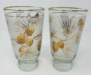 Vtg Libbey Glasses Frosted Gold Pine Cone 14 oz Mid Century Modern Set of 2 2