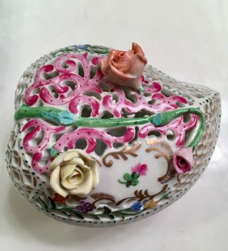 Herend Hungary Hand Painted Reticulated Porcelain Heart Trinket Box