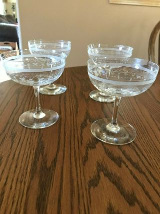4 Vintage Delicate Etched Crystal Champagne Coupe Glasses