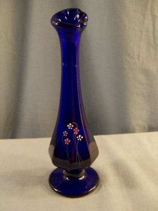 Fenton Cobalt Blue Glass Hand Painted Bud Vase - Multi - Color Floral Pattern