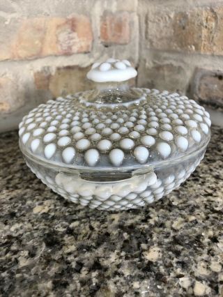 Vintage Anchor Hocking Opalescent Moonstone Hobnail Glass Covered Candy Dish 2