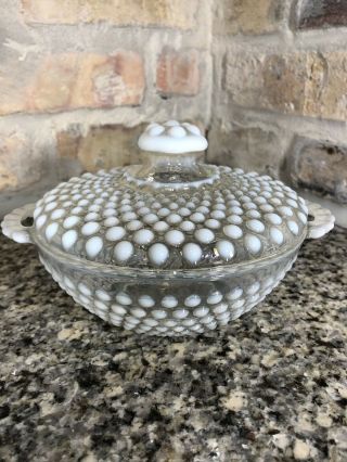 Vintage Anchor Hocking Opalescent Moonstone Hobnail Glass Covered Candy Dish 3