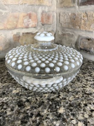 Vintage Anchor Hocking Opalescent Moonstone Hobnail Glass Covered Candy Dish 4