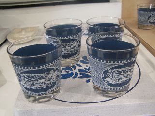 Set Of 4 Royal China Blue Currier And Ives On The Rocks Glasses