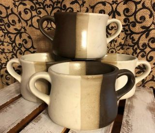 Set Of 4 Vintage 1978 Mccoy Sandstone Double Handle Cream Soup Cups Bowls