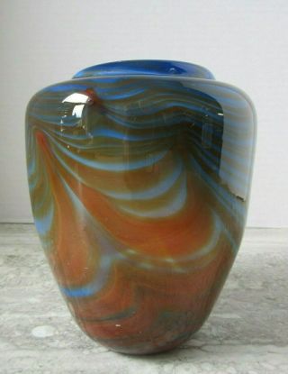 Vintage Red & Blue Swirl Feathered Studio Art Glass Art Deco Style Vase 4 1/2 "