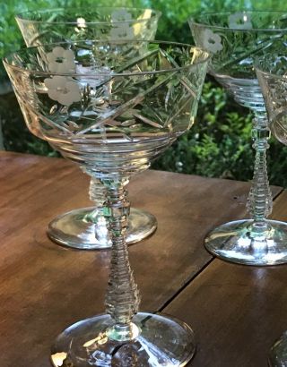 Antique - Set Of 5 Etched Cut Crystal Champagne - Glasses Goblets