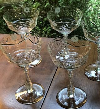 Antique - SET OF 5 ETCHED CUT CRYSTAL CHAMPAGNE - GLASSES GOBLETS 3