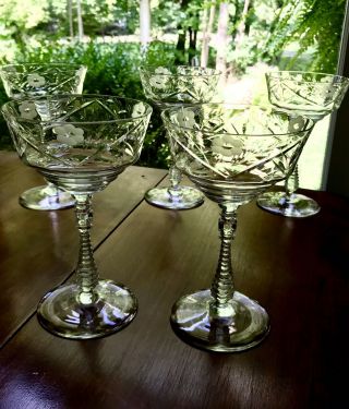 Antique - SET OF 5 ETCHED CUT CRYSTAL CHAMPAGNE - GLASSES GOBLETS 5