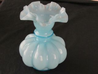 Vintage Fenton Art Glass Light Blue Melon Vase 8 Inch High Ruffled Top