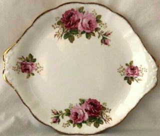 Royal Albert American Beauty Handled Cake Plate 10 3/8 " Pink Roses Gold Trim