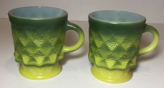 Set Of 2 Fire King Kimberly Cup Green Yellow Diamond Pattern Coffee Cup Mug