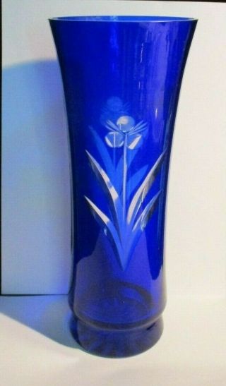 Vintage Cut Crystal Vase Cobalt Blue Cut To Clear 10.  25 "