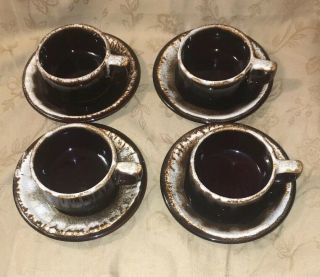 Vintage Pfaltzgraff Gourmet Brown Drip Coffee Cup Mug And Saucer Set Of 4