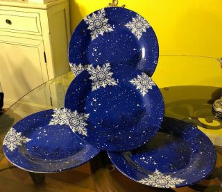 4 Studio 33 Christmas Dinner Plates Blue W/ White Snowflakes Winter Greetings