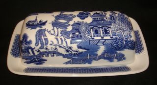 Vintage Churchill Staffordshire England Blue Willow Porcelain Stick Butter Dish
