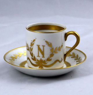 Antique French Limoges Napoleon Hand Painted Gold Gilt Demitasse Cup & Saucer