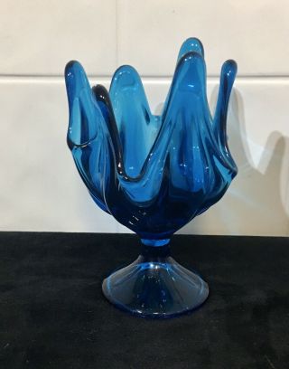 Vtg Viking Glass Six Petal Finger Blue Bluenique Handkerchief Footed Vase
