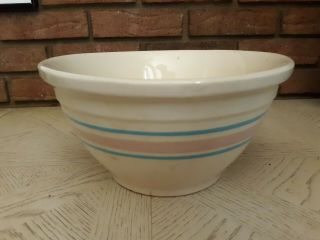 Vintage Mccoy Pottery 10 " Mixing Bowl Cream With 2 Slim Blue & 1 Wide Pink Bands