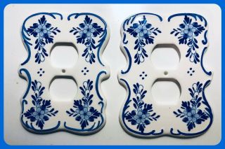 Set Of 2 Delft Vintage Blue And White Porcelain Ceramic Outlet Plug Covers