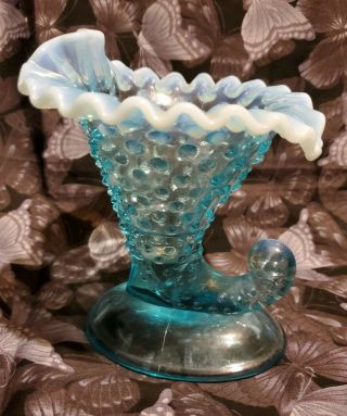 Vintage Fenton Blue Opalescent Hobnail Cornucopia Candle Holder Vase 5 - 3/4”h