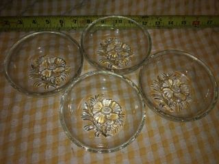 4 Vtg Dessert Berry Bowls Flowered Bottom Heavy Clear Glass 4 3/4 " Daisy Emboss