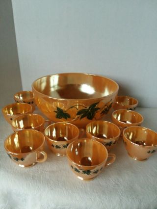Vintage Anchor Hocking Peach Lustre Punch Bowl Set - Ivy - Bowl And 10 Cups