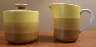Mid - Century Holt - Howard Mustard Yellow Olive Green Stripes Sugar Bowl & Creamer