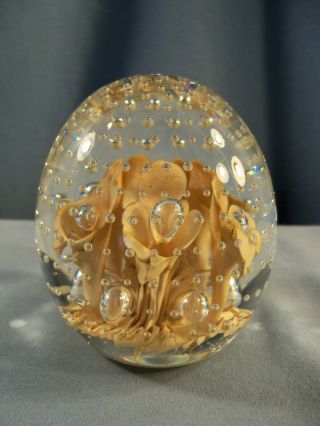 Joe Rice 1994 Art Glass Paperweight - Floral & Controlled Bubble Design