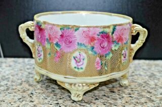 Hand Painted Nippon Footed And Handled Bowl Gold Trim Pink Flowers