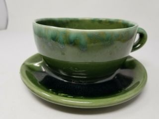 Vintage Brush 37 Usa Mccoy Green Glazed Attached Cup & Saucer Planter