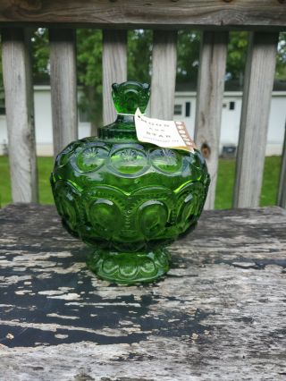 Vintage,  Green Candy Dish With Lid,  Moon And Stars Pattern L.  E.  Smith W/tag