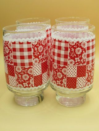 Set Of 4 Vintage Libbey 16 Ounce Patchwork Gingham Iced Tea Drinking Glasses