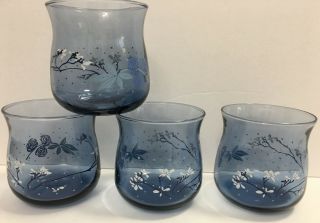 Set Of 4 Vintage Juice Cocktail Tumbler Drinking Glasses Blue Tint White Flowers