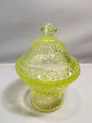Green Vaseline Glass Pattern Covered Candy Dish / Butter Uranium Bowl