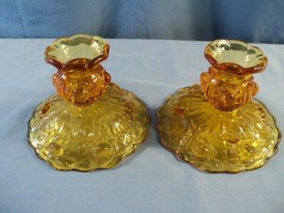 Set 2 Vintage Fenton Amber Glass Candle Holders W/ Embossed Raised Roses