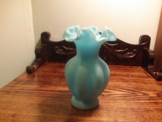 Fenton Custard Glass Blue Ruffled Top Vase Usa