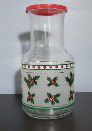 Vtg Kig Indonesia 9 " Holly Berries Frosted Glass Carafe Pitcher With Lid
