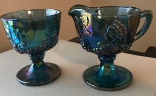 Vintage Indiana Iridescent Blue Carnival Glass Footed Creamer & Sugar Bowl